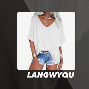 EUC Langwyqu White V Neck Oversized Tee Shirt